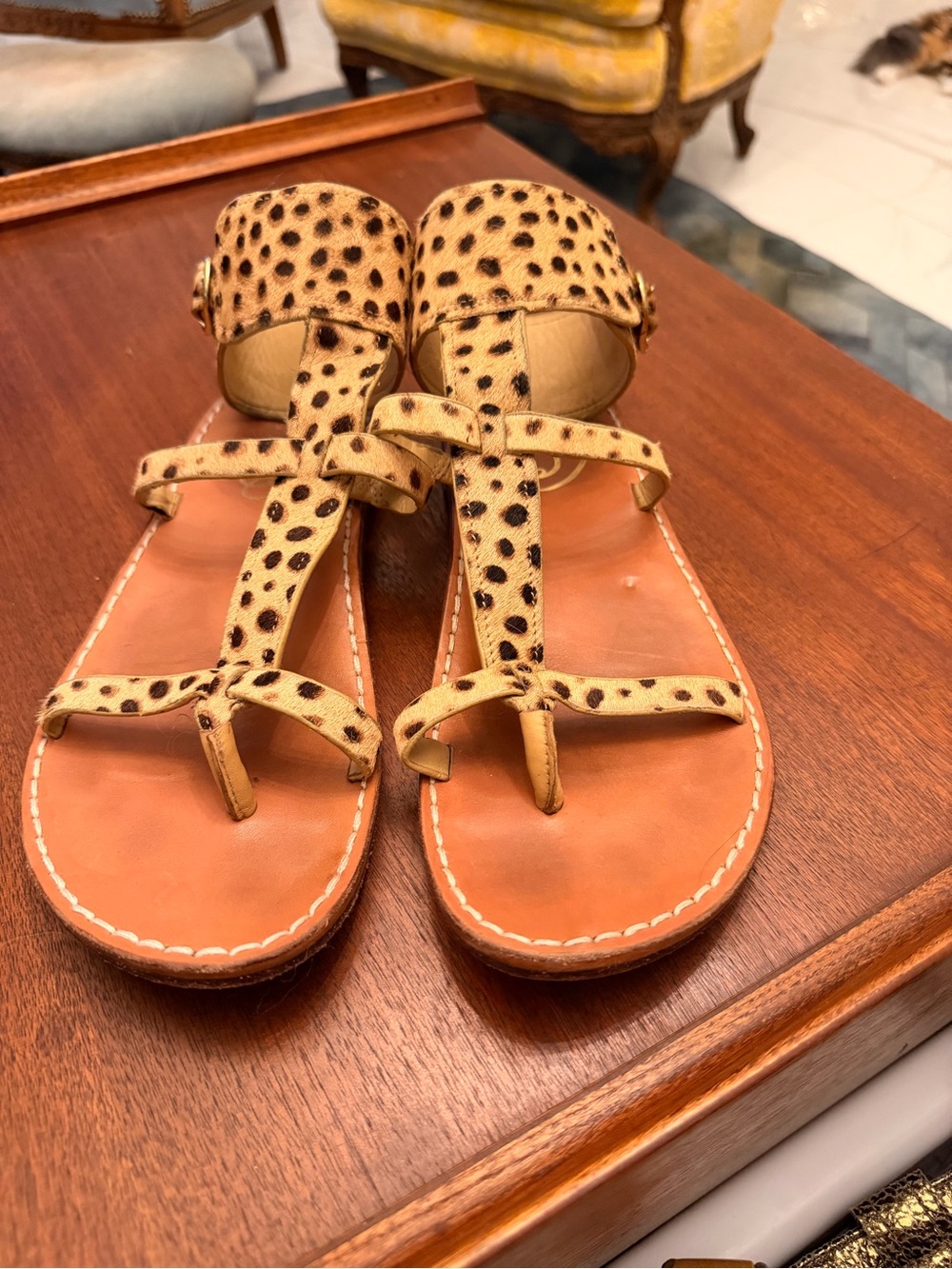 Sam Edelman Leopard Print T-Strap Sandals - Tan/Black